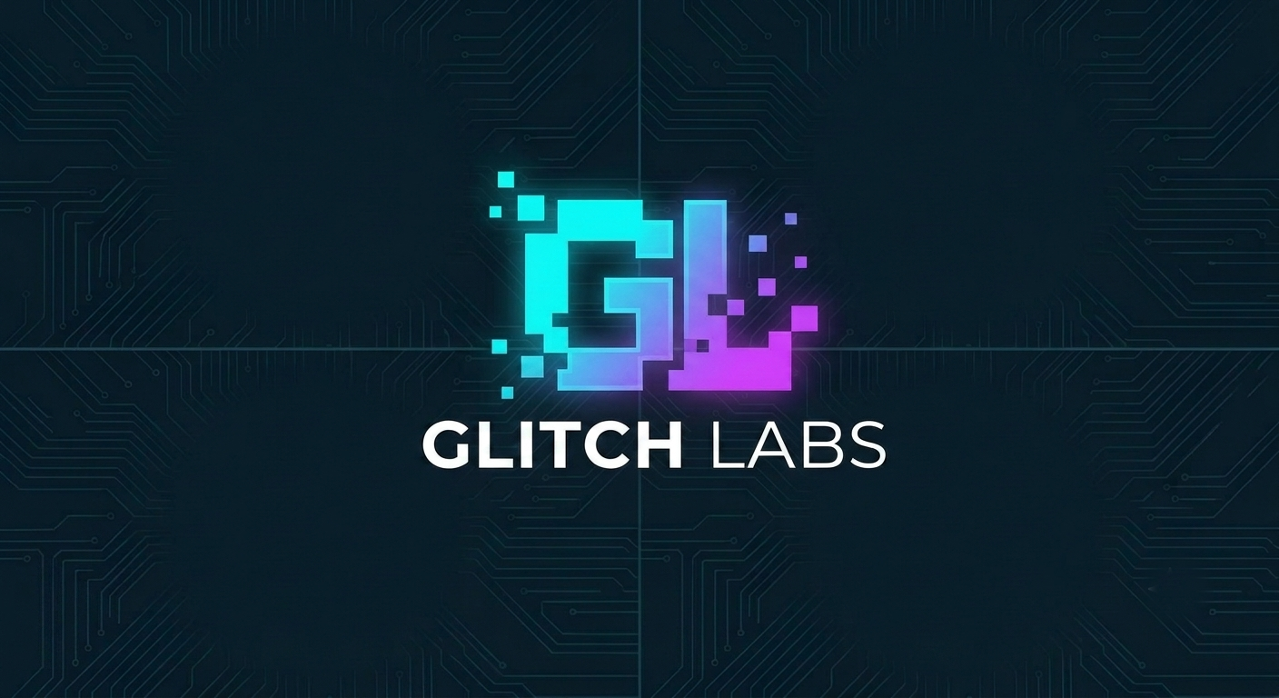 Glitch Labs — pixel-glitch G monogram in cyan and magenta